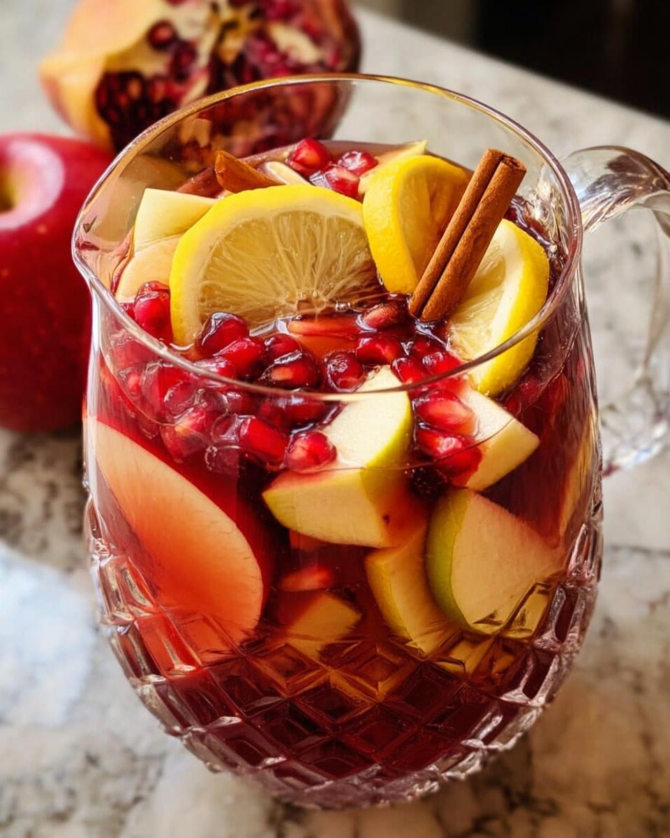 A crystal pitcher filled with a festive Thanksgiving drink, featuring pomegranate seeds, apple slices, lemon, and cinnamon sticks.