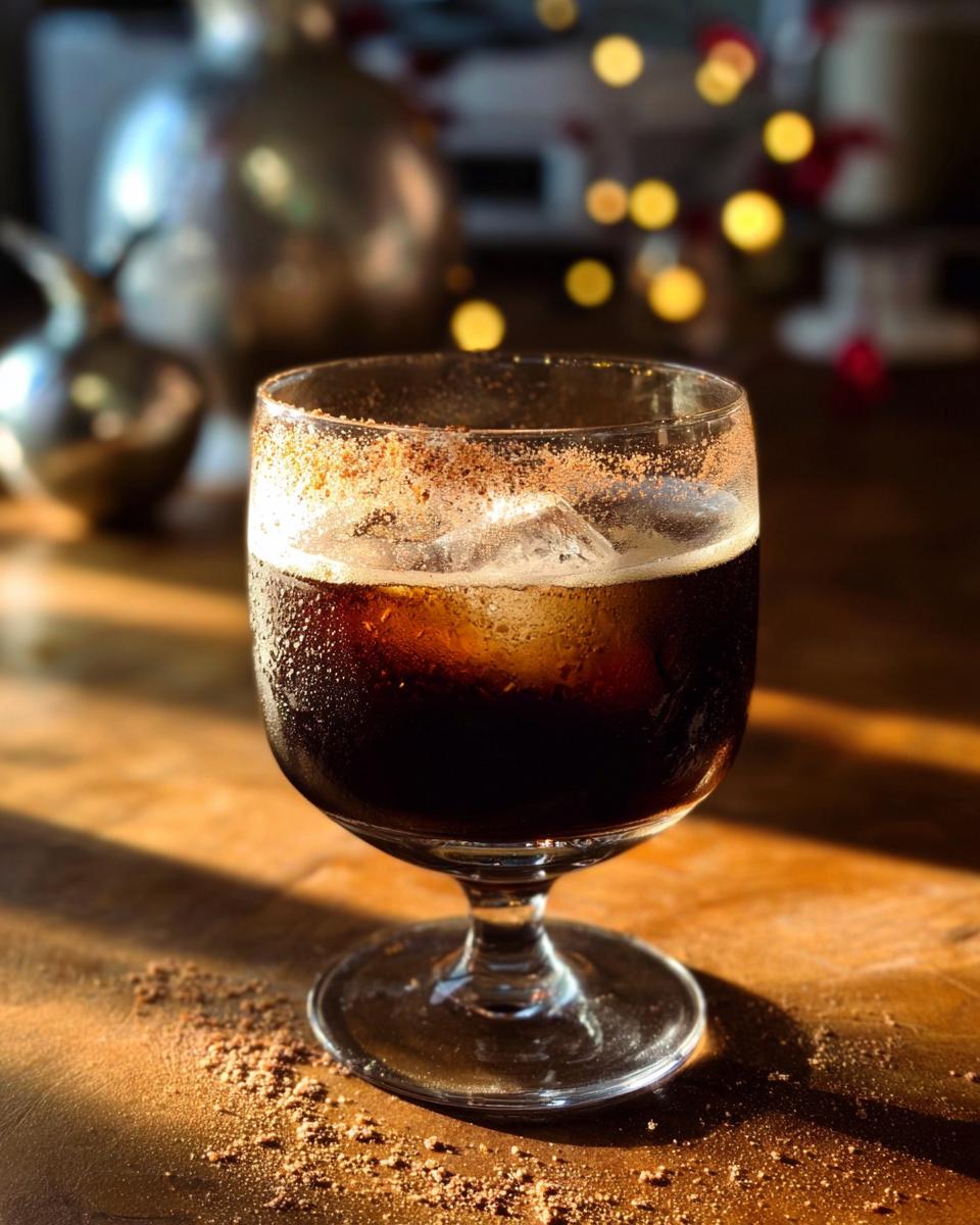 A close-up of a dark, spiced Thanksgiving drink with ice in a stemmed glass, dusted with cinnamon.