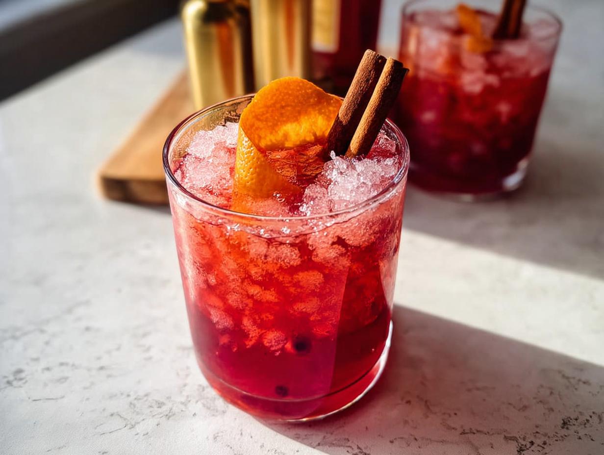 A festive cranberry and cinnamon Thanksgiving drink, served over ice with an orange peel and cinnamon sticks.