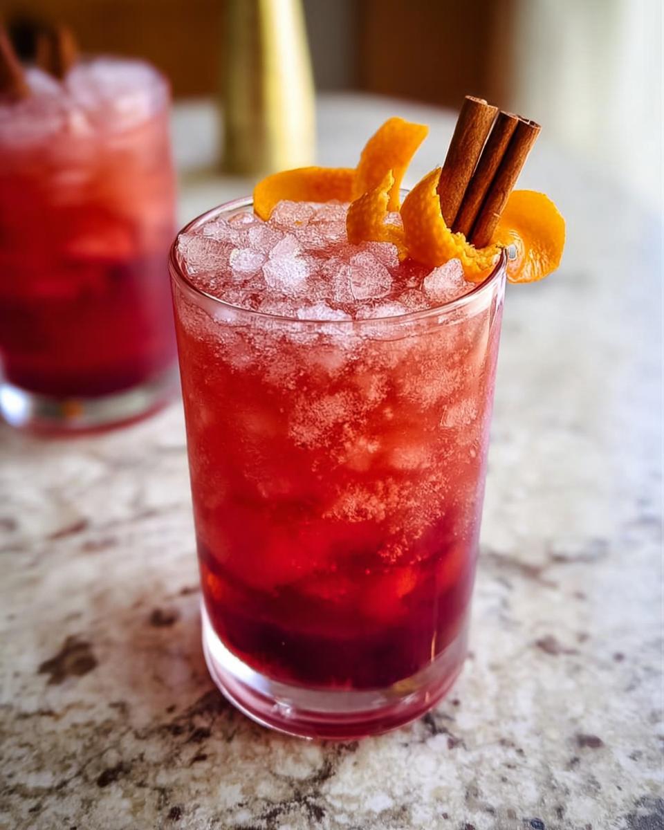 A refreshing cranberry cinnamon Thanksgiving drink with ice, orange peel, and a cinnamon stick.