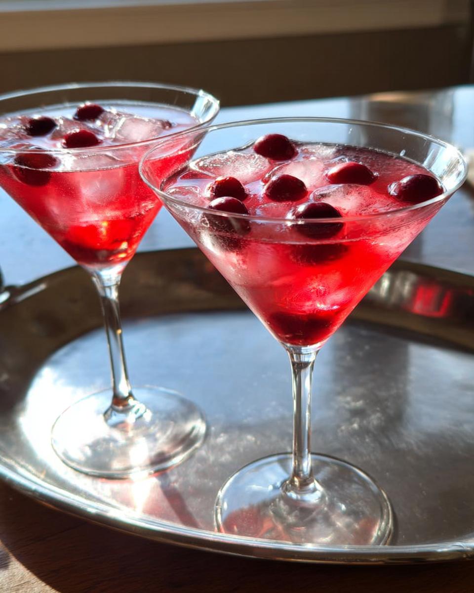 Two festive cranberry cocktails with ice and whole cranberries, perfect for Thanksgiving Drinks in 20 Minutes.