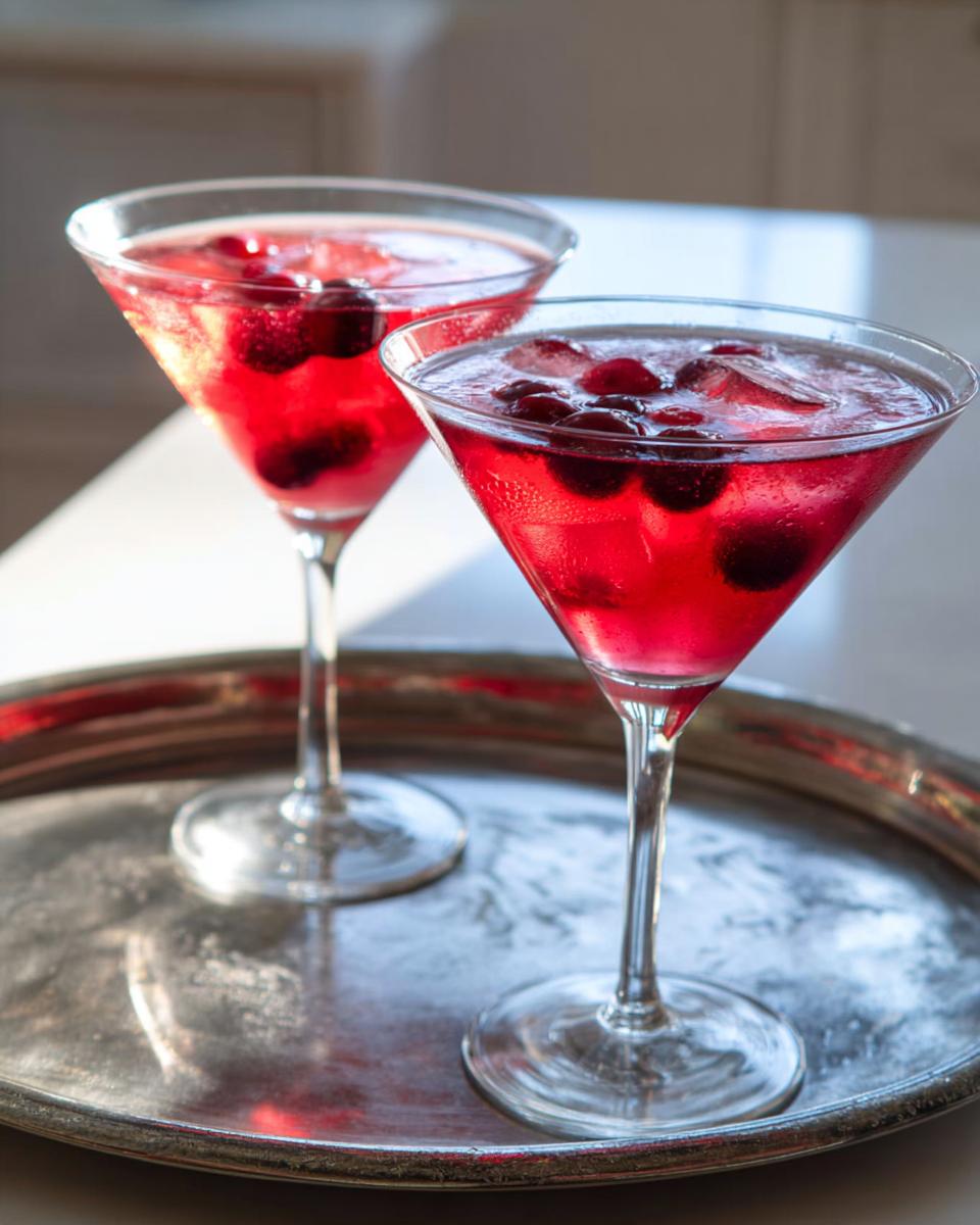 Two festive cranberry cocktails with ice and whole cranberries, perfect for quick Thanksgiving drinks.