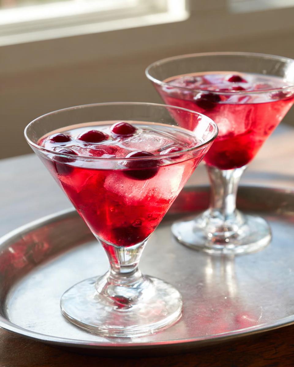 Two festive cranberry cocktails with ice and berries, perfect for quick Thanksgiving drinks.