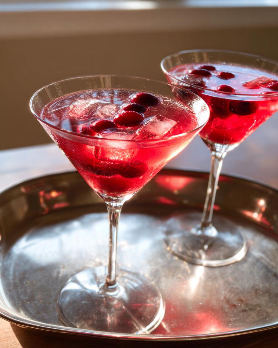 Two festive cranberry cocktails with ice and whole cranberries, perfect for quick Thanksgiving drinks.