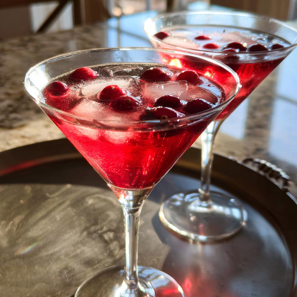 Two festive cranberry cocktails with ice and whole cranberries, perfect for Thanksgiving Drinks in 20 Minutes.