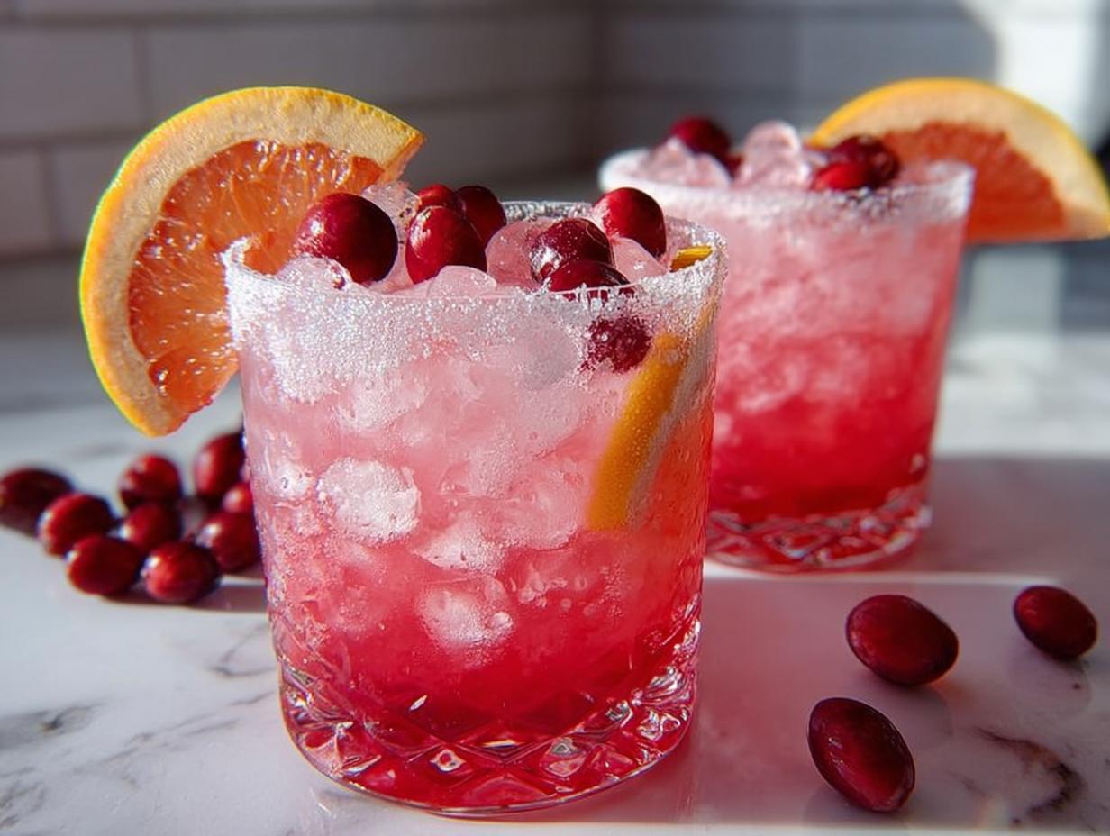 Two festive cranberry grapefruit cocktails with fresh cranberries and orange slices, perfect for Thanksgiving.