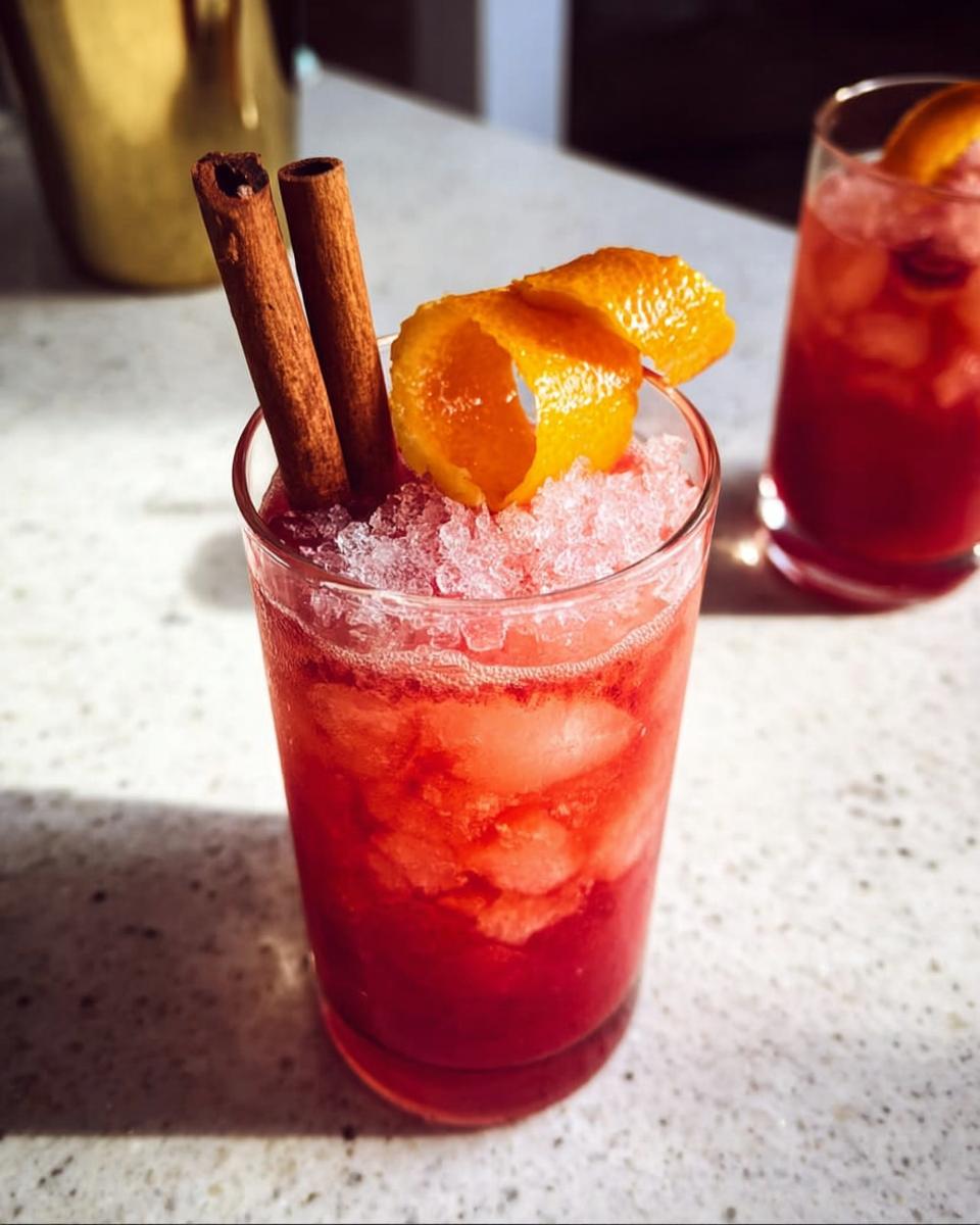 A refreshing cranberry orange Thanksgiving drink with crushed ice, cinnamon sticks, and an orange peel garnish.