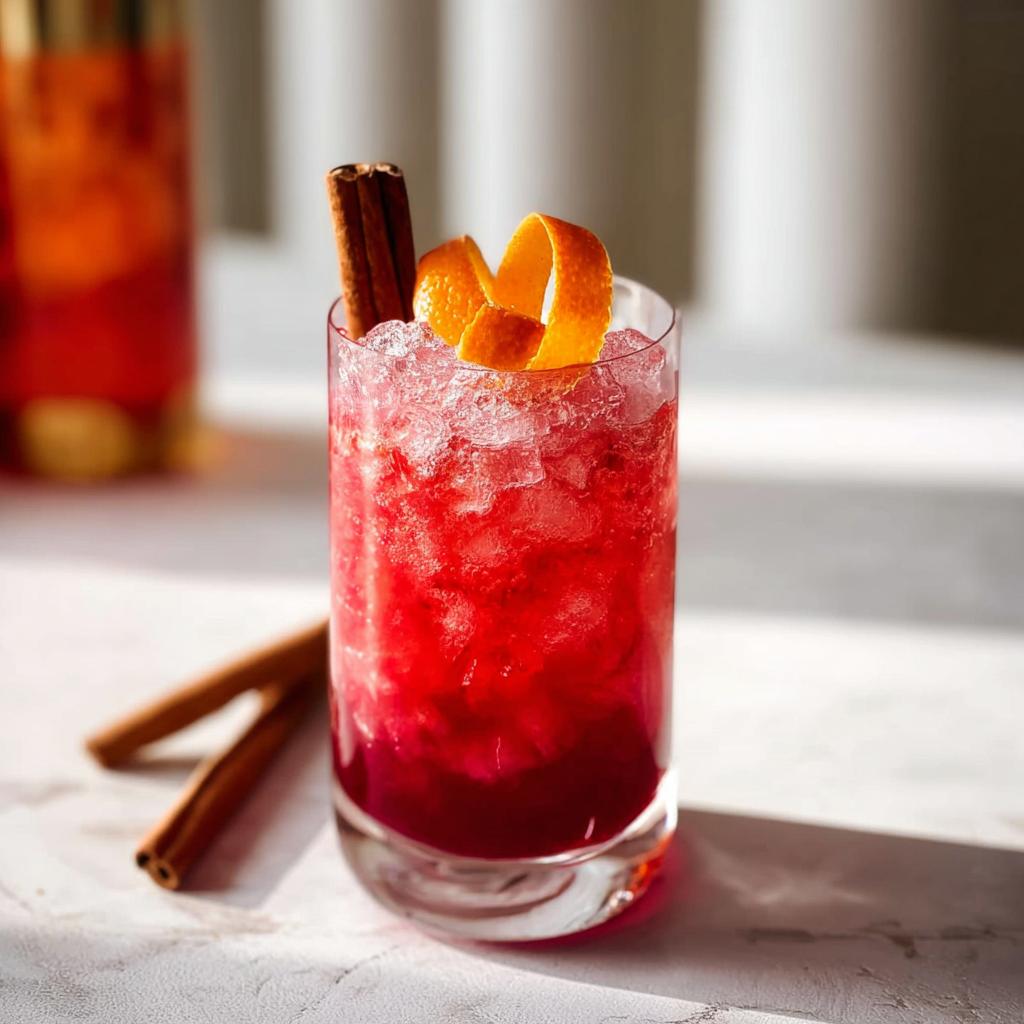 A festive cranberry and orange cocktail, perfect for Thanksgiving Drinks, garnished with orange peel and cinnamon stick.