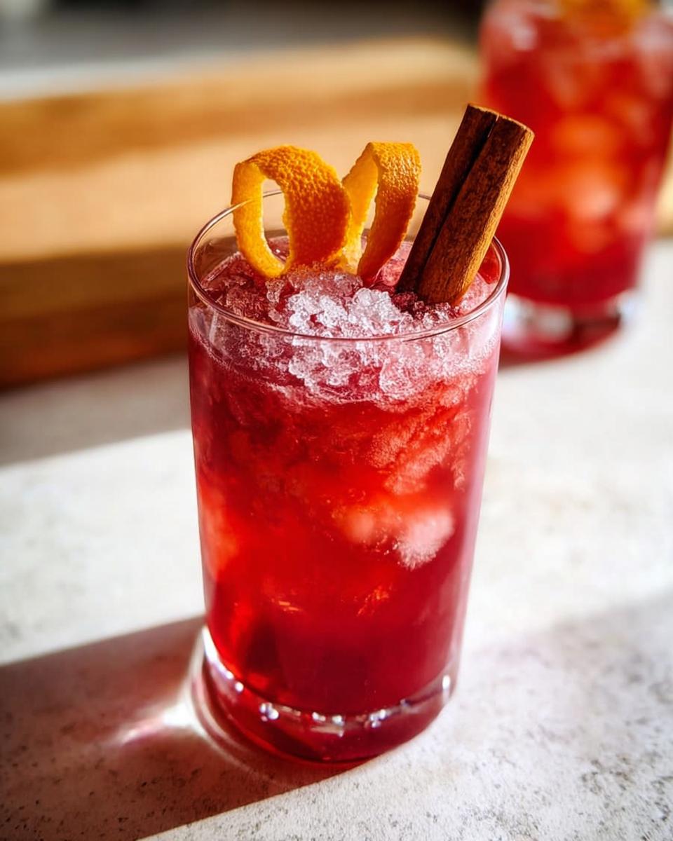 A festive cranberry orange cocktail garnished with an orange peel twist and cinnamon stick, perfect for Thanksgiving Drinks.