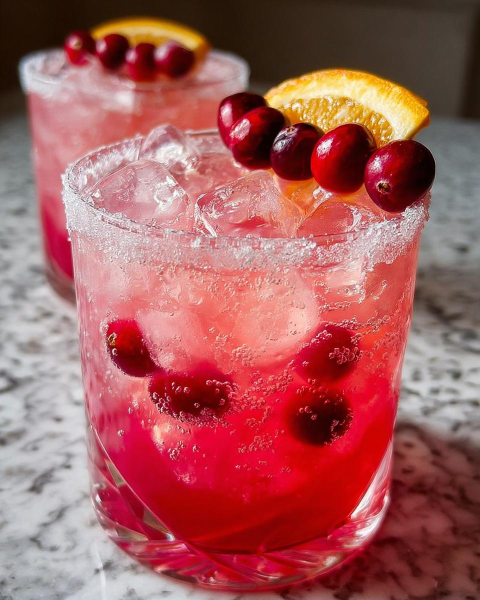 Close-up of a festive cranberry orange cocktail, garnished with fresh cranberries and an orange slice, perfect for Thanksgiving.