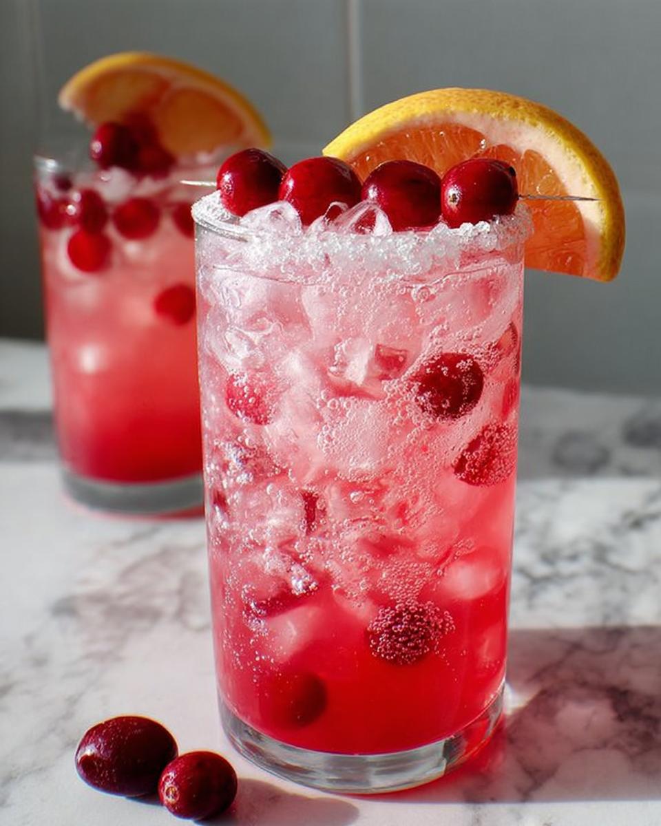 Two festive cranberry orange sparkler drinks with fresh cranberries and orange slices, perfect for Thanksgiving.