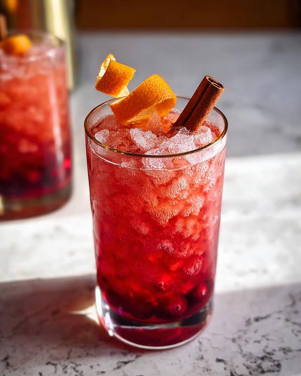 Close-up of a festive cranberry orange Thanksgiving drink with crushed ice, garnished with orange peel and a cinnamon stick.