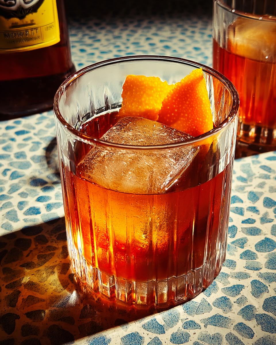 A classic Old Fashioned cocktail with a large ice cube and orange peel, perfect for your Ultimate Thanksgiving Drinks Guide.