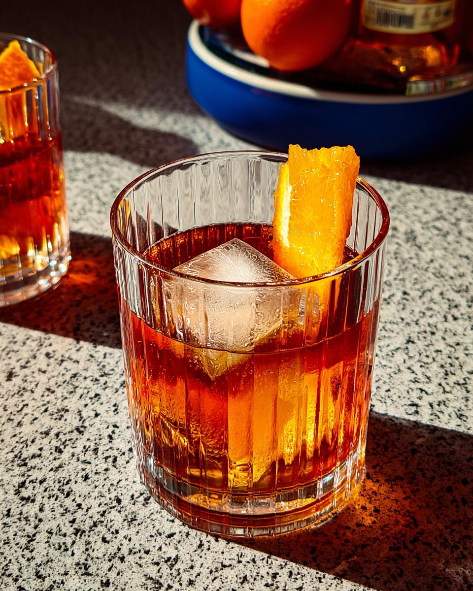 A close-up of a cocktail with ice and an orange peel, perfect for a Thanksgiving Drinks Guide.