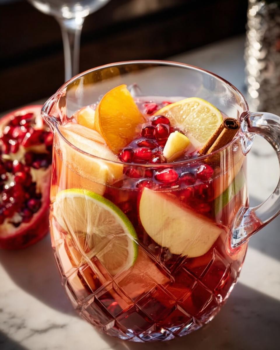 A crystal pitcher filled with a vibrant red Thanksgiving drink, garnished with pomegranate seeds, apple slices, orange, lime, and a cinnamon stick.
