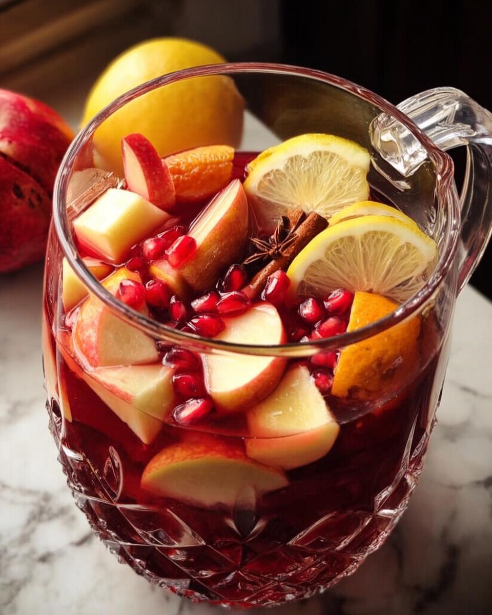 A beautiful pitcher filled with festive Thanksgiving drinks, featuring apples, pomegranate seeds, citrus slices, and cinnamon sticks.