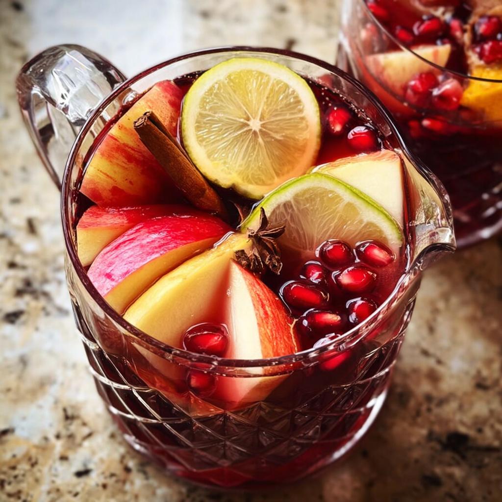 A close-up of a pitcher filled with festive Thanksgiving drinks, featuring apples, pomegranate seeds, lemon, lime, and cinnamon sticks.