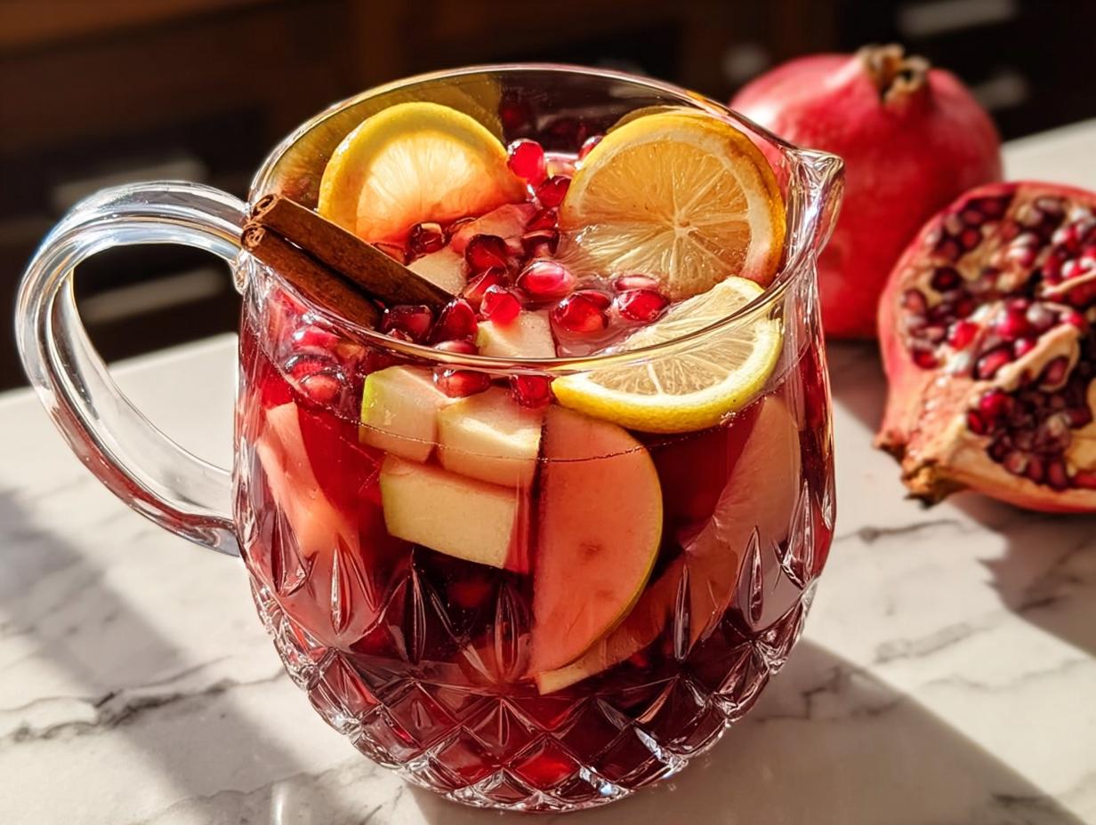A pitcher filled with a ruby-red Thanksgiving drink, featuring apple slices, pomegranate seeds, lemon rounds, and cinnamon sticks.