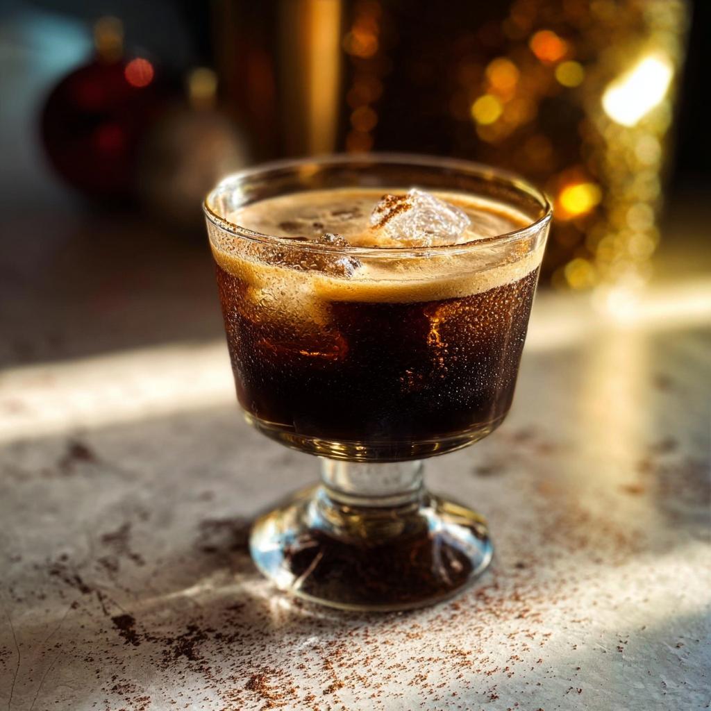 A close-up of a dark, bubbly Thanksgiving drink with ice cubes in a stemmed glass, perfect for holiday celebrations.