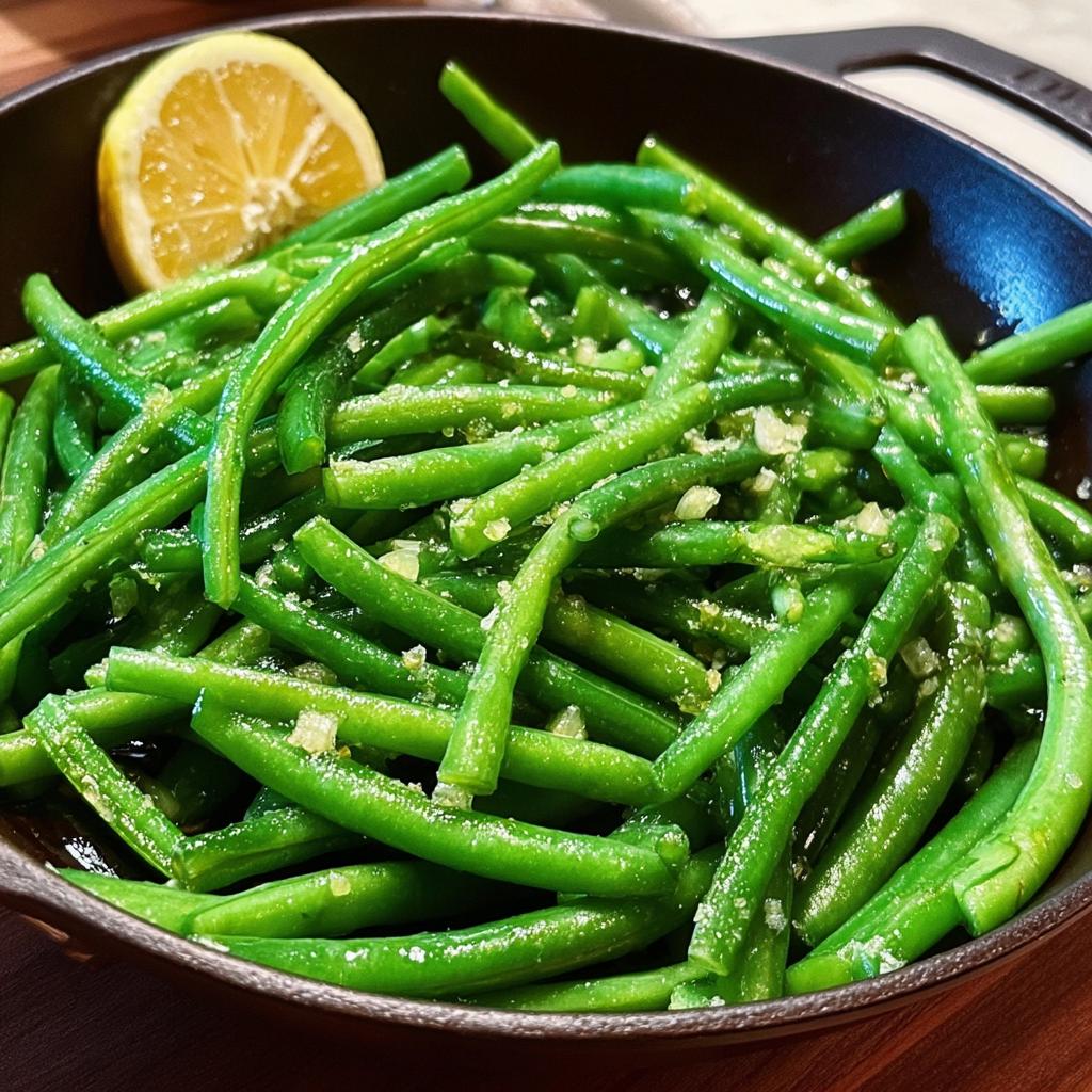 A close-up of vibrant Thanksgiving green beans, lightly seasoned and garnished with a lemon wedge.