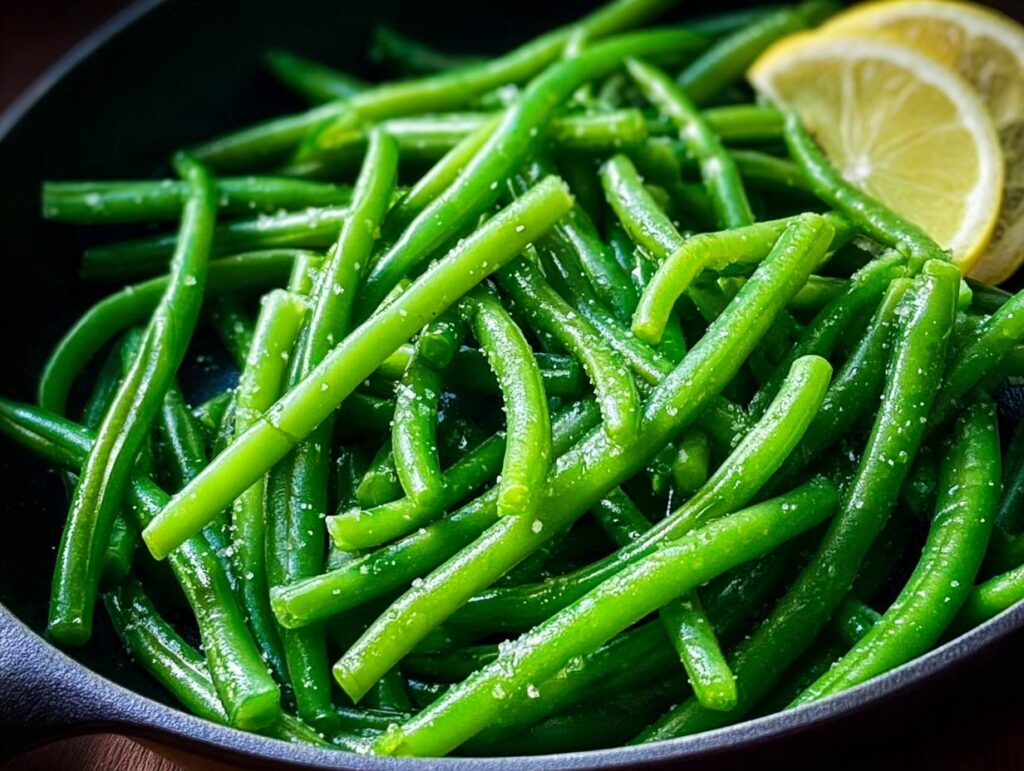 A close-up shot of vibrant green beans seasoned with salt and garnished with lemon slices, perfect for Thanksgiving.