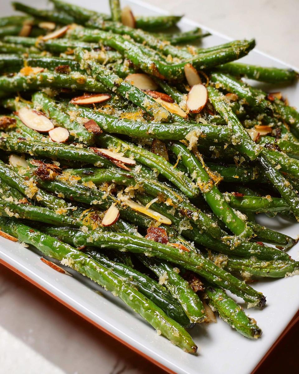 Close-up of perfect Thanksgiving green beans, roasted with slivered almonds and breadcrumbs.