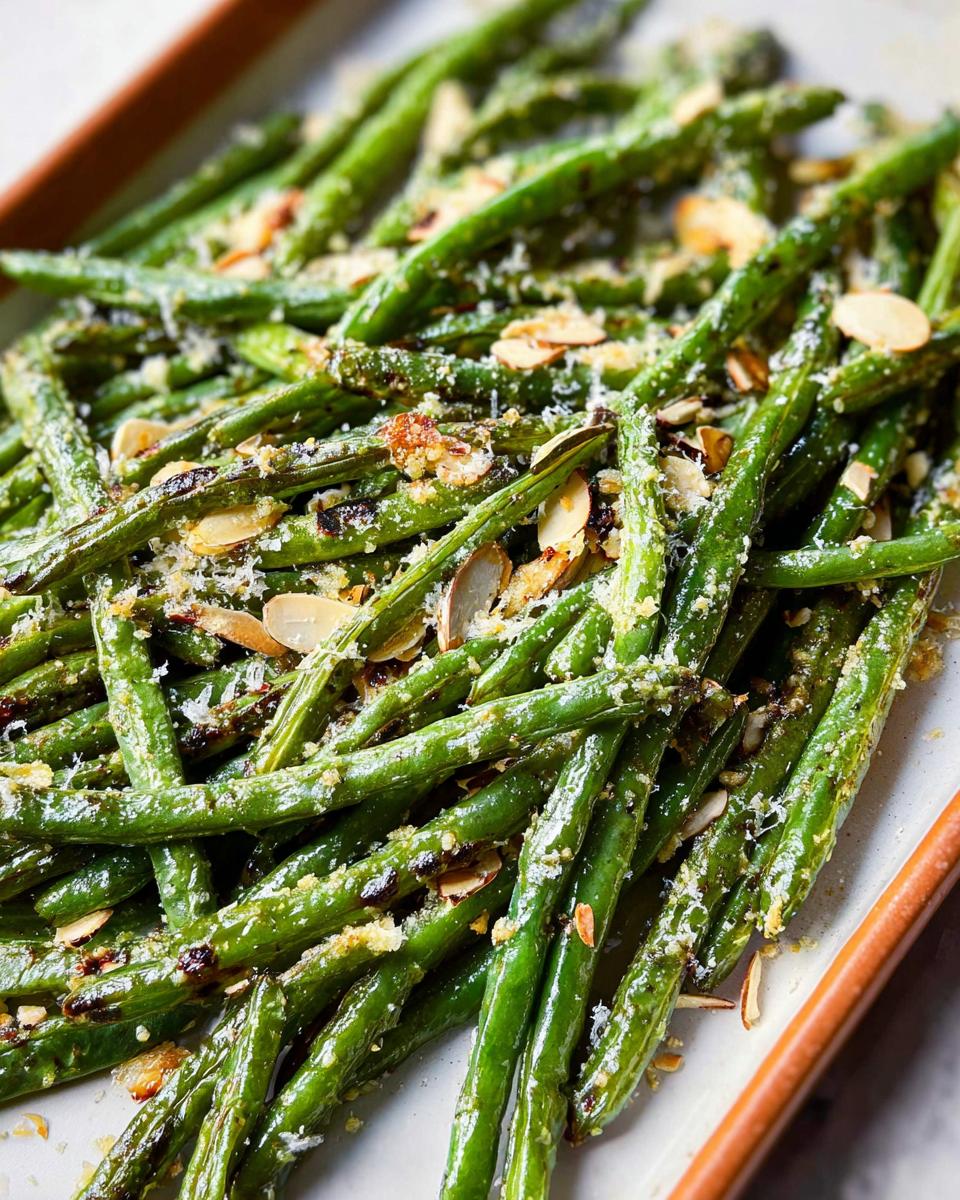 Close-up of perfect Thanksgiving green beans topped with toasted almonds and grated cheese.