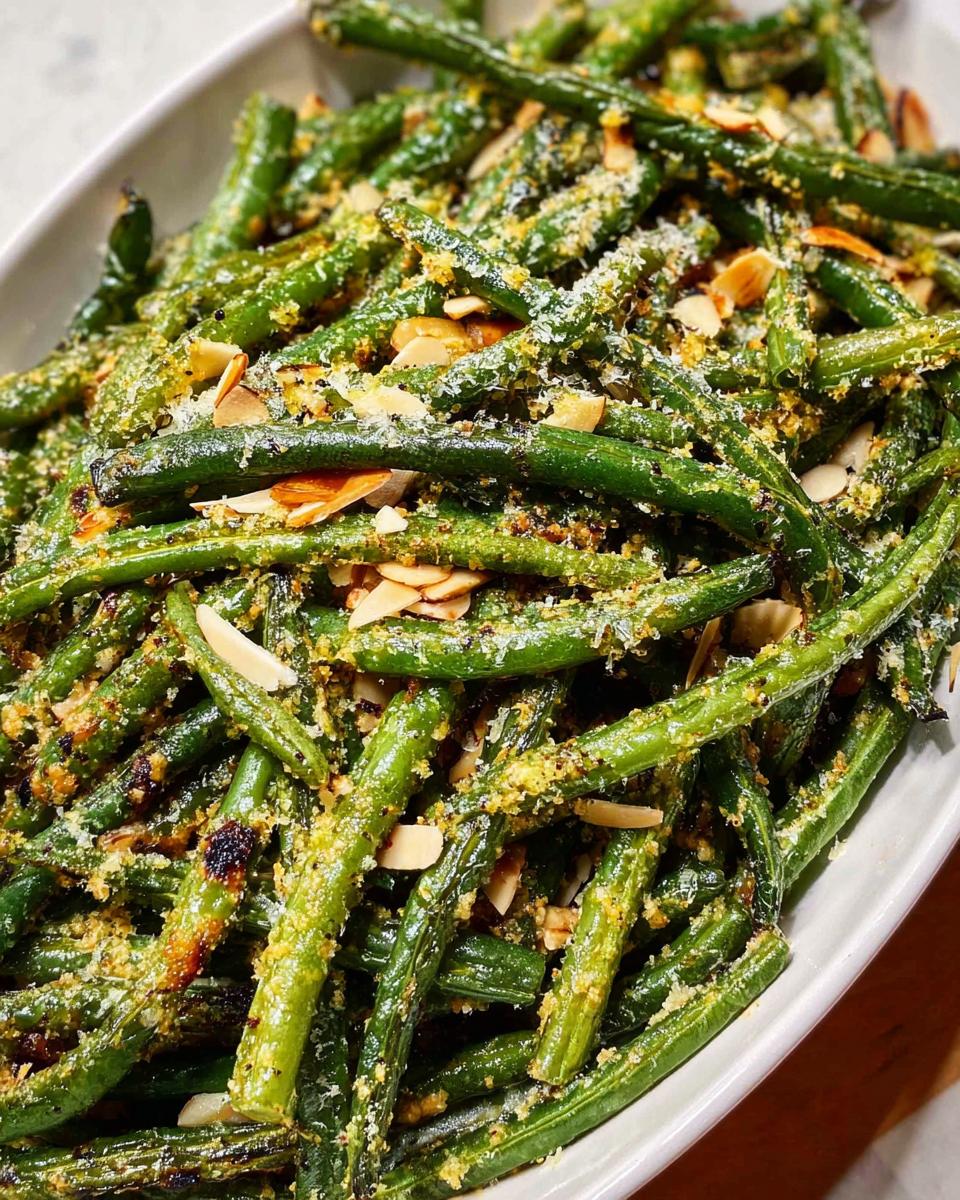 Close-up of perfect Thanksgiving green beans, roasted and topped with slivered almonds and breadcrumbs.