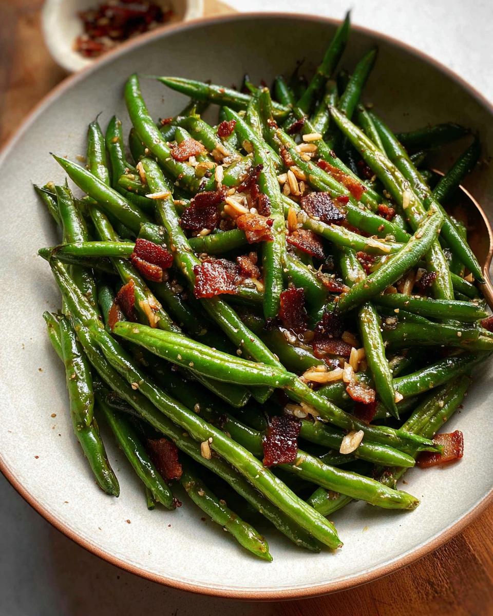 A close-up of Thanksgiving Green Beans with crispy bacon and slivered almonds in a bowl.