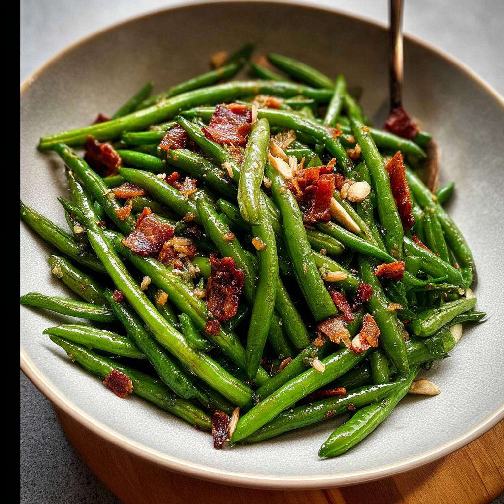 A close-up of Thanksgiving green beans tossed with crispy bacon bits and sliced almonds in a rustic bowl.