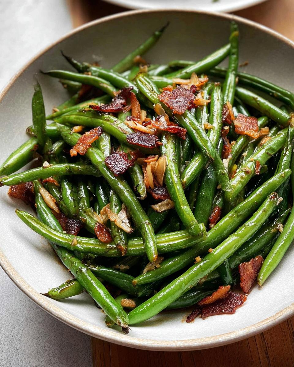 A close-up of Thanksgiving green beans with crispy bacon and fried shallots in a bowl.