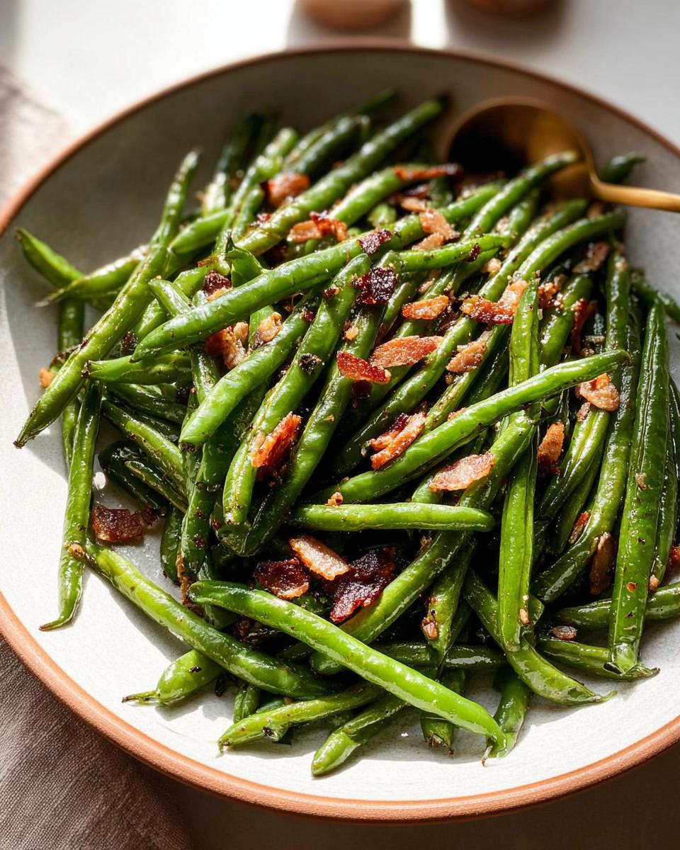 A close-up of Thanksgiving Green Beans with Bacon in a bowl, ready to serve.