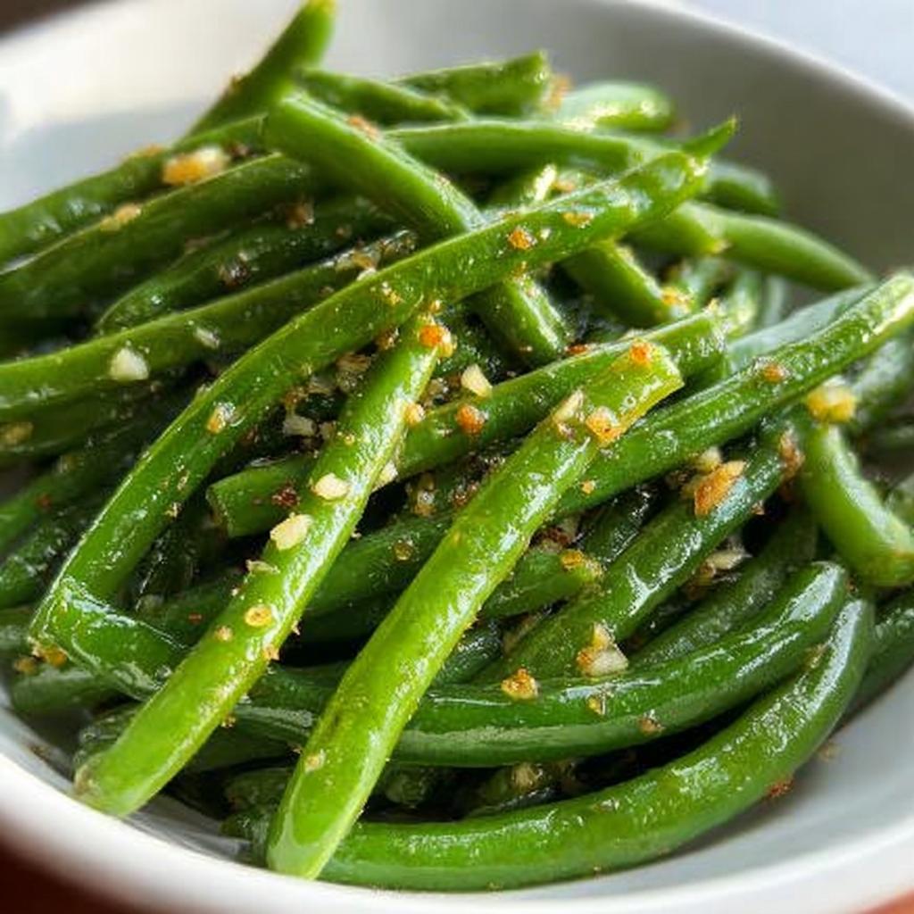 Close-up of glistening Thanksgiving green beans seasoned with minced garlic and spices in a white bowl.