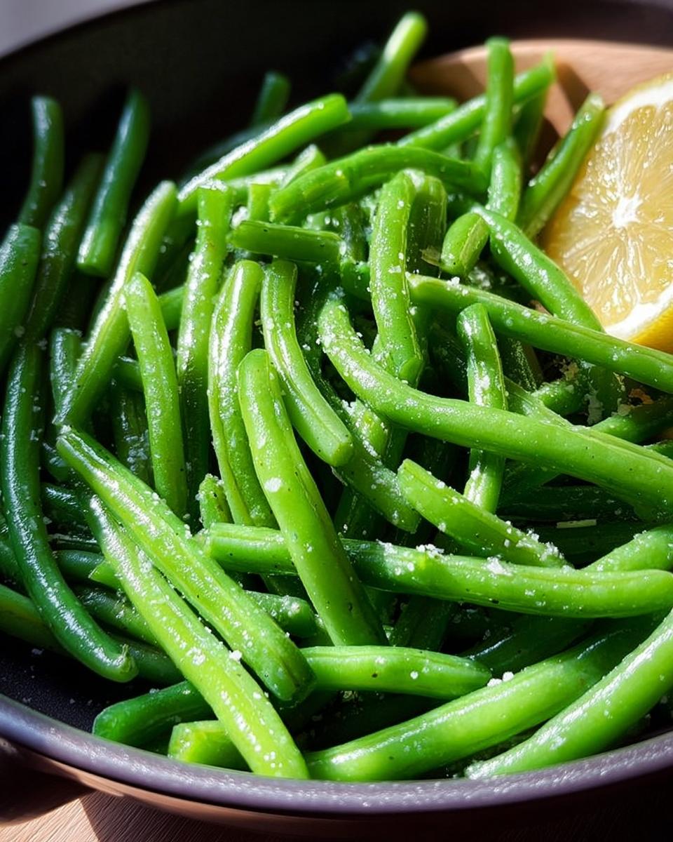 A close-up of vibrant green beans tossed with seasoning and a lemon wedge, perfect for Thanksgiving.
