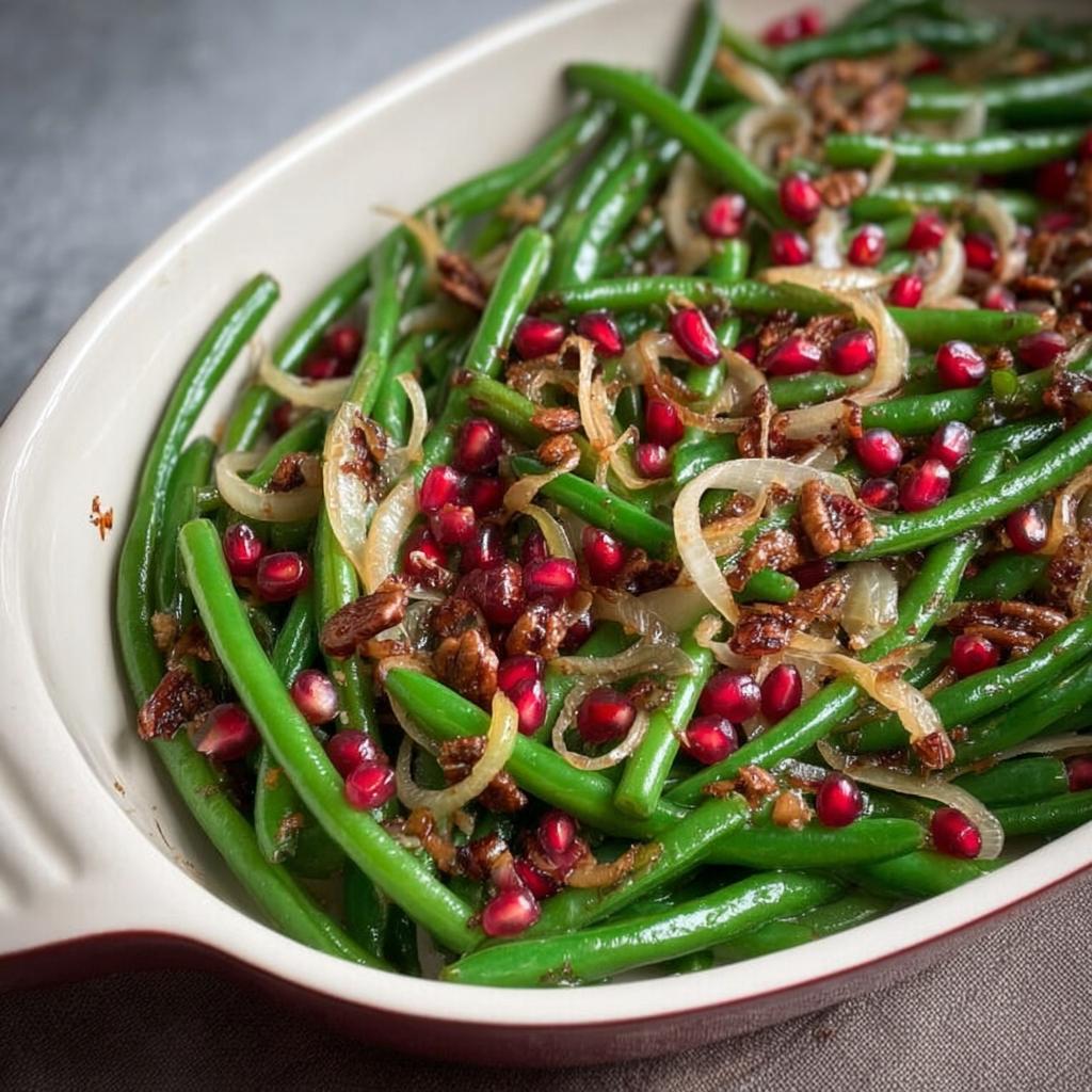 A festive dish of Thanksgiving green beans topped with pomegranate seeds, crispy onions, and pecans.