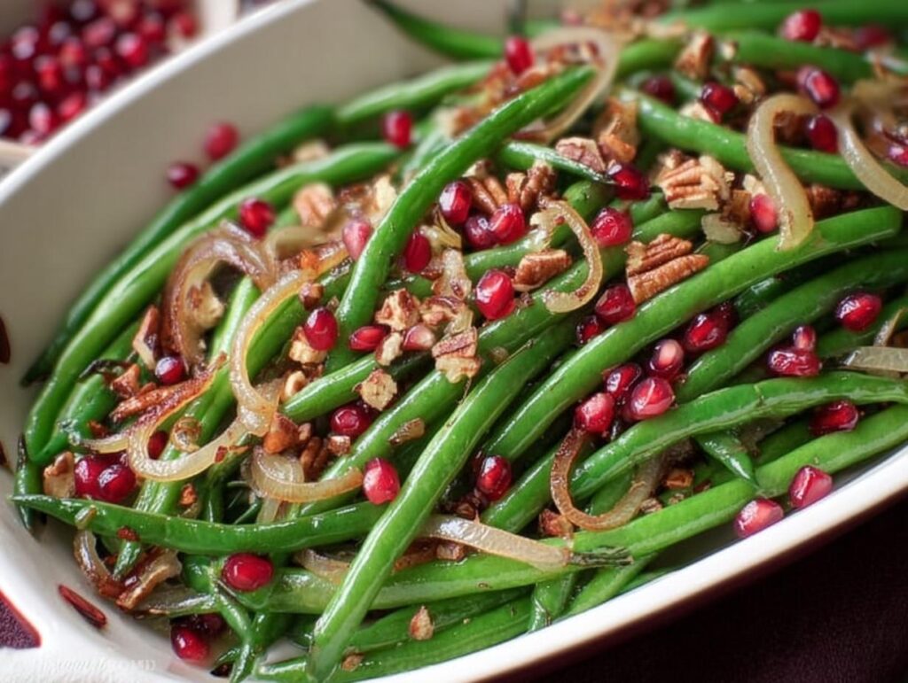 Close-up of Thanksgiving green beans topped with pomegranate seeds, toasted pecans, and caramelized onions.