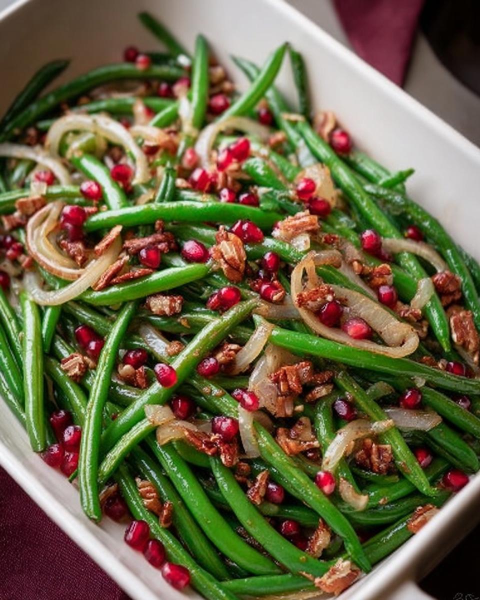 Close-up of vibrant Thanksgiving green beans tossed with caramelized onions, crunchy pecans, and jewel-like pomegranate seeds.