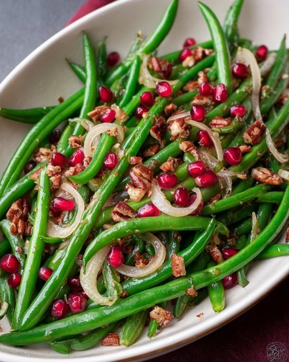 Close-up of a white bowl filled with vibrant green beans, topped with jewel-like pomegranate seeds and chopped pecans.