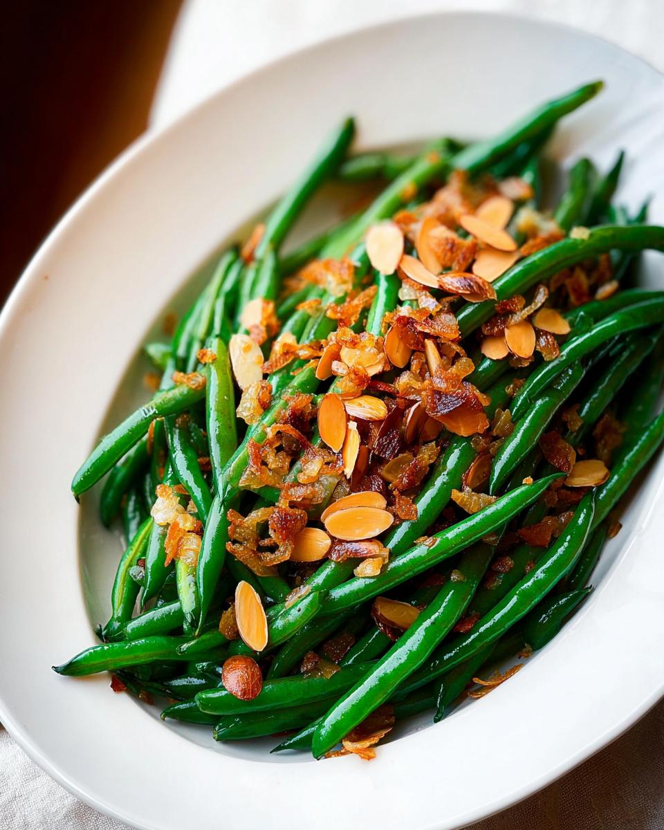 Close-up of a white bowl filled with vibrant green beans topped with toasted slivered almonds and crispy fried onions.