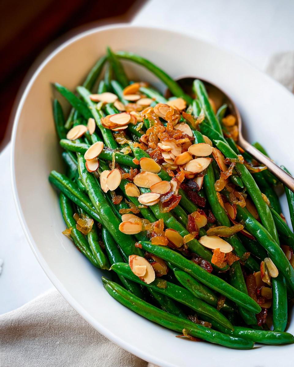 Close-up of a Thanksgiving Green Beans Recipe with toasted almonds and crispy shallots in a white serving dish.