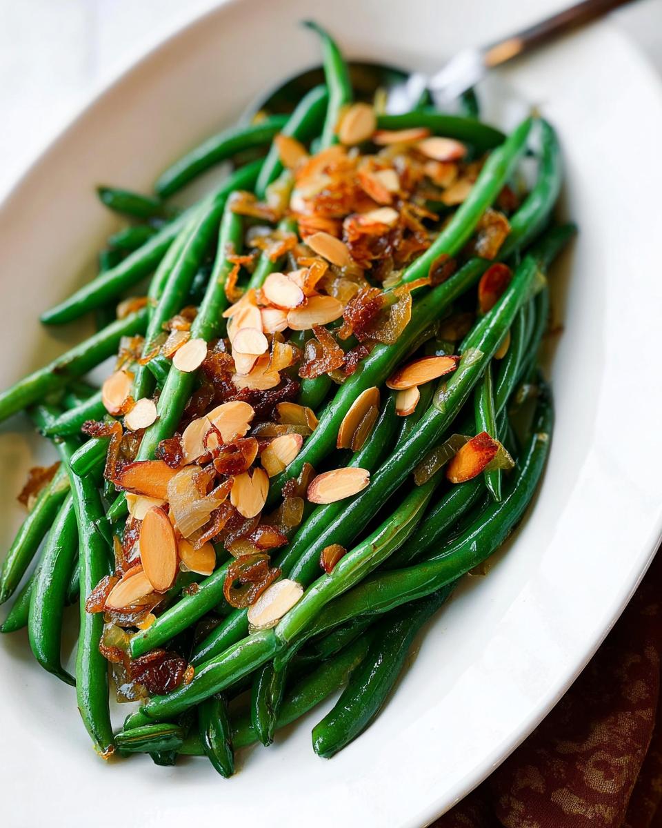 Close-up of a Thanksgiving Green Beans Recipe, garnished with toasted almonds and crispy fried onions.