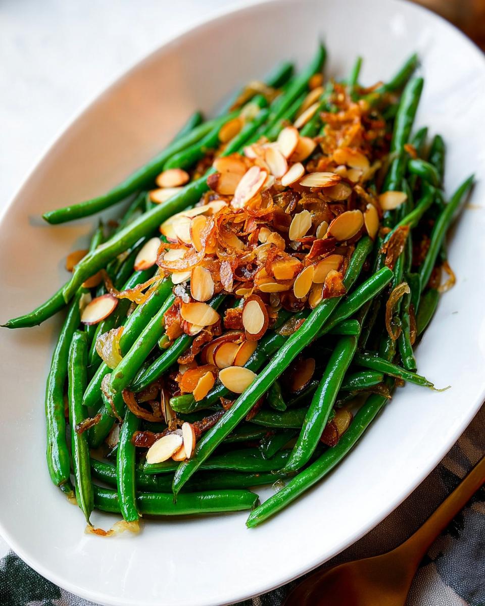 Close-up of a white oval dish filled with vibrant green beans topped with sliced almonds and crispy fried onions.