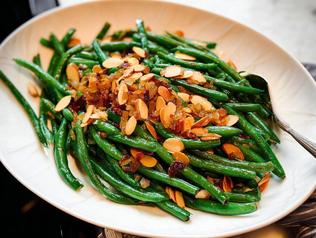 A festive platter of Thanksgiving Green Beans Recipe, topped with toasted almonds and crispy fried onions.
