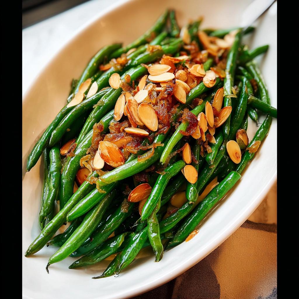 Close-up of a Thanksgiving Green Beans Recipe dish topped with toasted almonds and crispy shallots.