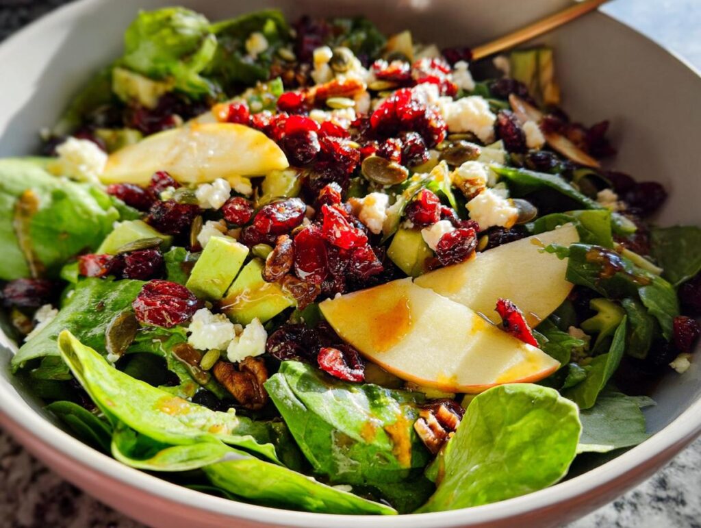 Close-up of a vibrant Thanksgiving salad featuring fresh greens, apple slices, dried cranberries, feta cheese, and pumpkin seeds.