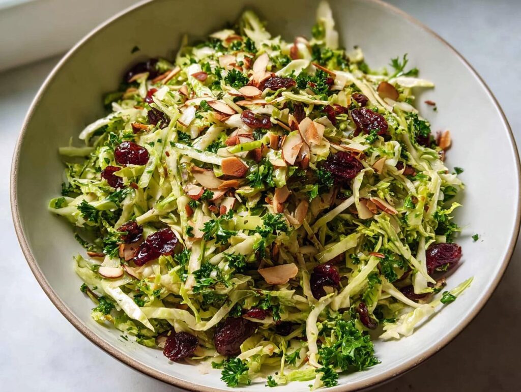 A vibrant bowl of Thanksgiving salad recipes, featuring shredded Brussels sprouts, dried cranberries, sliced almonds, and fresh parsley.