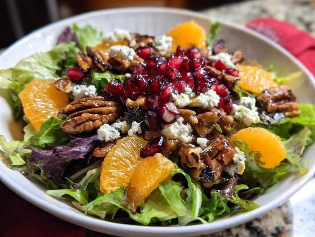 A vibrant Thanksgiving salad recipe featuring mixed greens, orange slices, pomegranate seeds, pecans, and blue cheese.