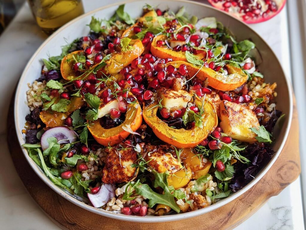 A vibrant Thanksgiving salad featuring roasted butternut squash, grilled halloumi, pomegranate seeds, and mixed greens.