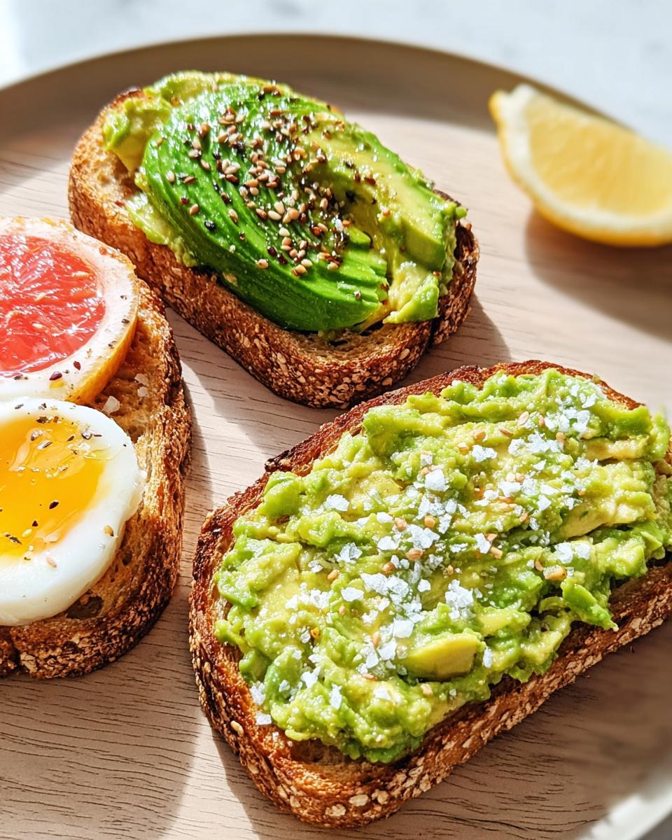 Three slices of healthy Avocado Toast 5 Ways featuring sliced avocado, mashed avocado with salt, and one topped with egg and grapefruit.