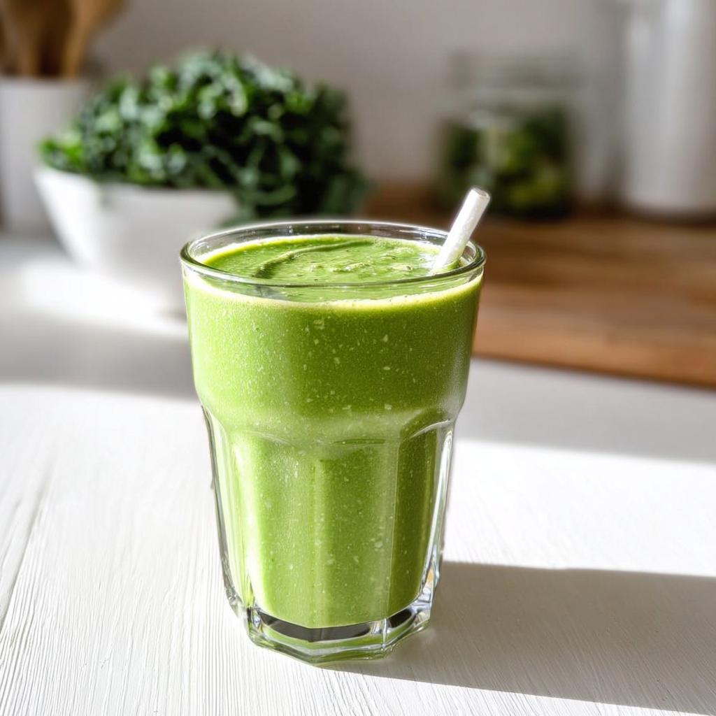 A vibrant, thick glass of Tropical Green Smoothie (Kale & Spinach) with a straw, sitting on a white wooden surface.